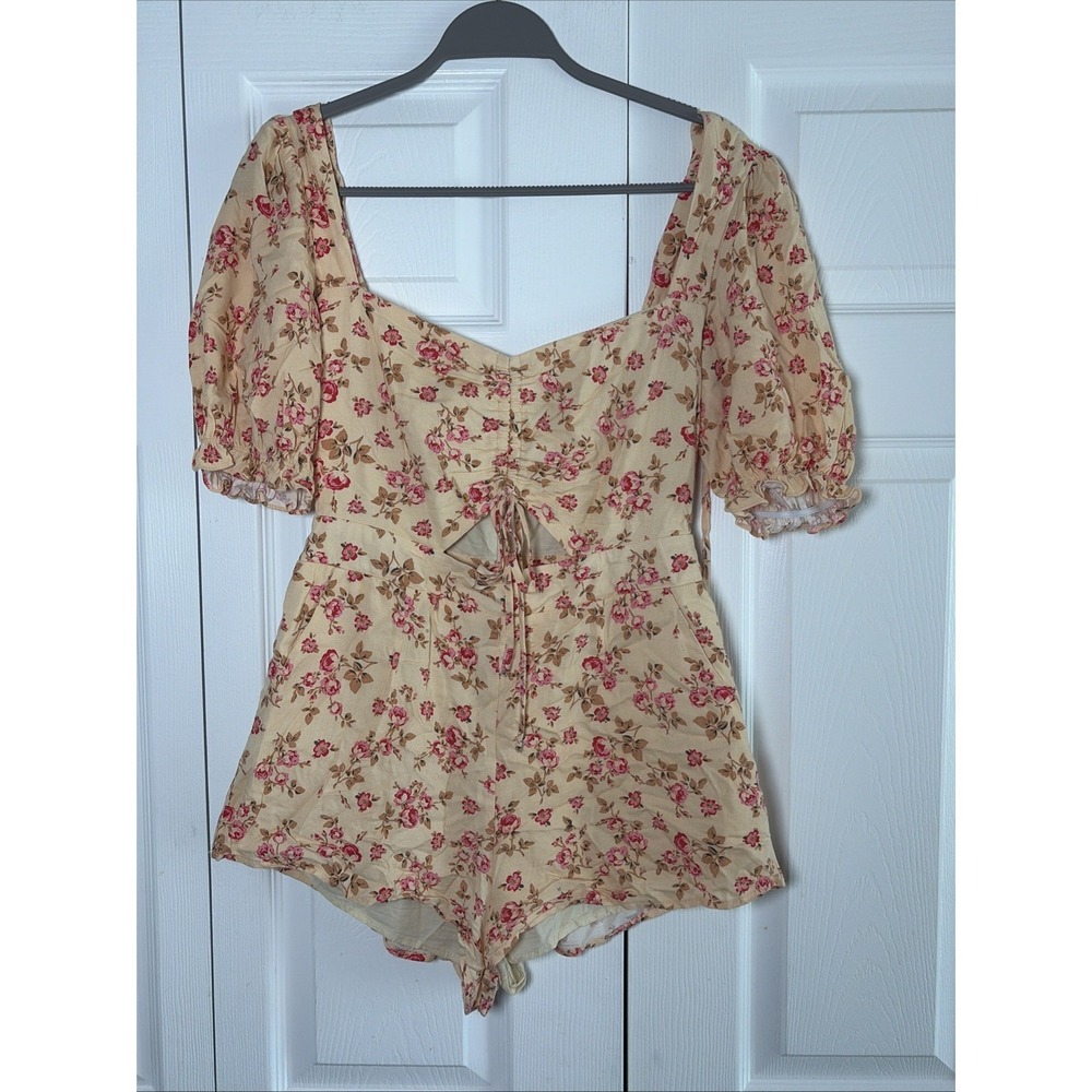 Seven Wonders Floral Cutout Romper Womens Size S 4 Yellow Cottagecore Rayon